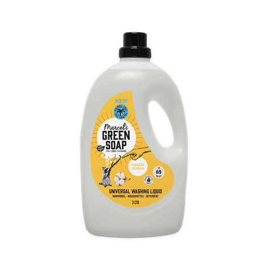 Marcel's Green Soap vanilla and cotton laundry detergent 3000ml, eco-friendly washing liquid in a large bottle.