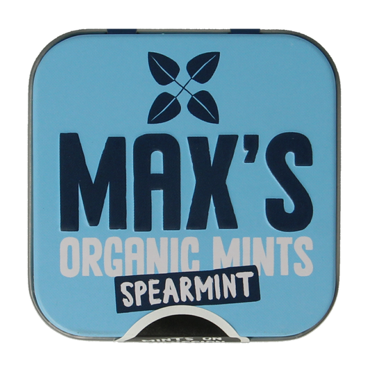 Max mints spearmint candy in a square bio tin, 35g, with bright green mints inside, fresh and natural flavor.