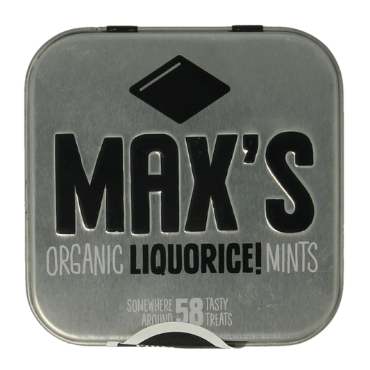 Square Max Mints Liquorice tin with 35g of organic liquorice candies, featuring black and white packaging.