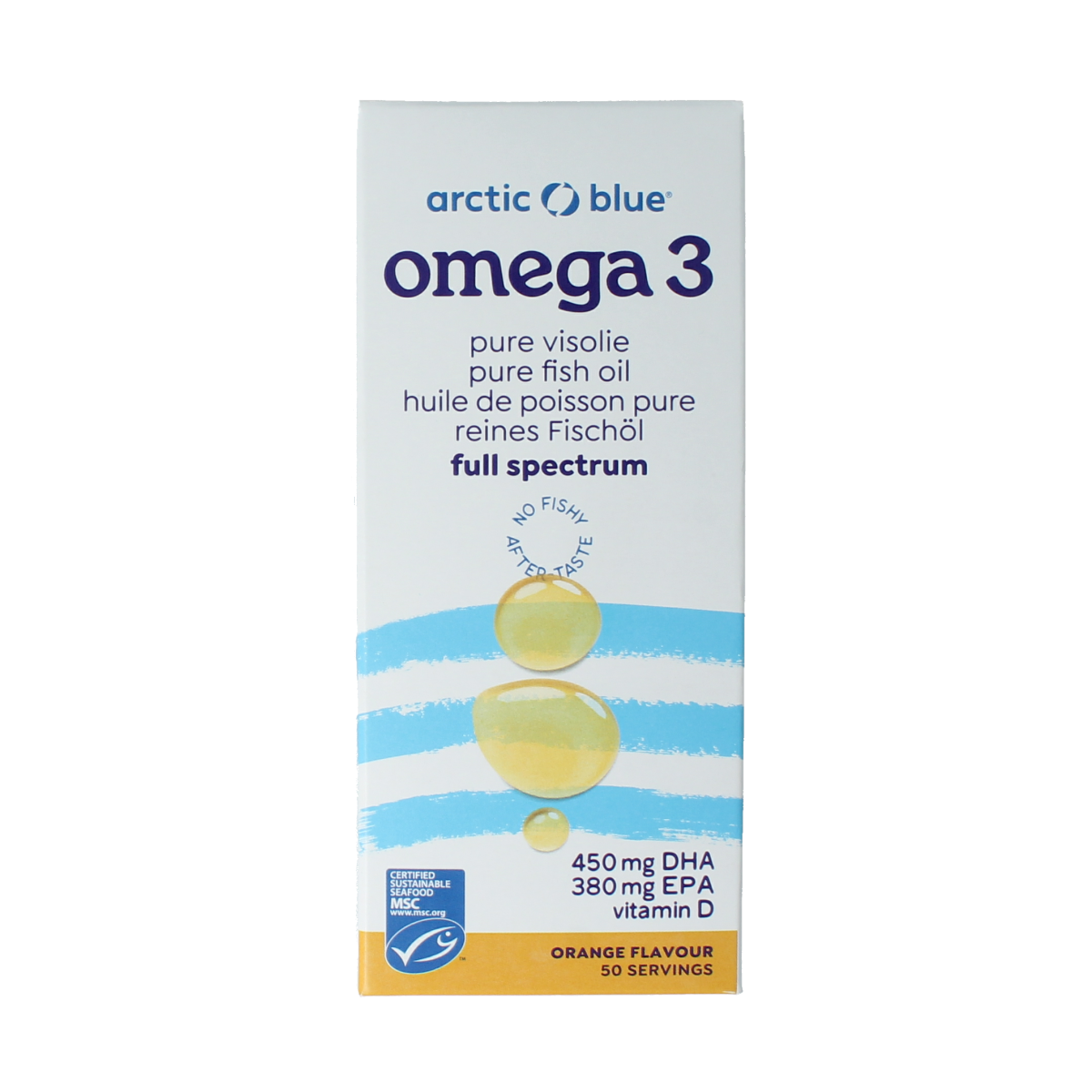 Arctic Blue Omega 3 pure visolie with vitamin D in a 250ml bottle, showing the clear liquid inside and the label.