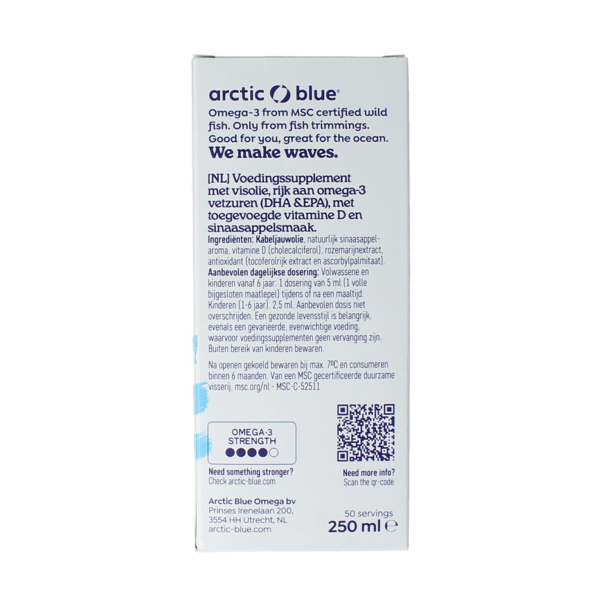 Arctic Blue Omega 3 pure fish oil with vitamin D in a 250ml bottle, showing the label and product packaging.