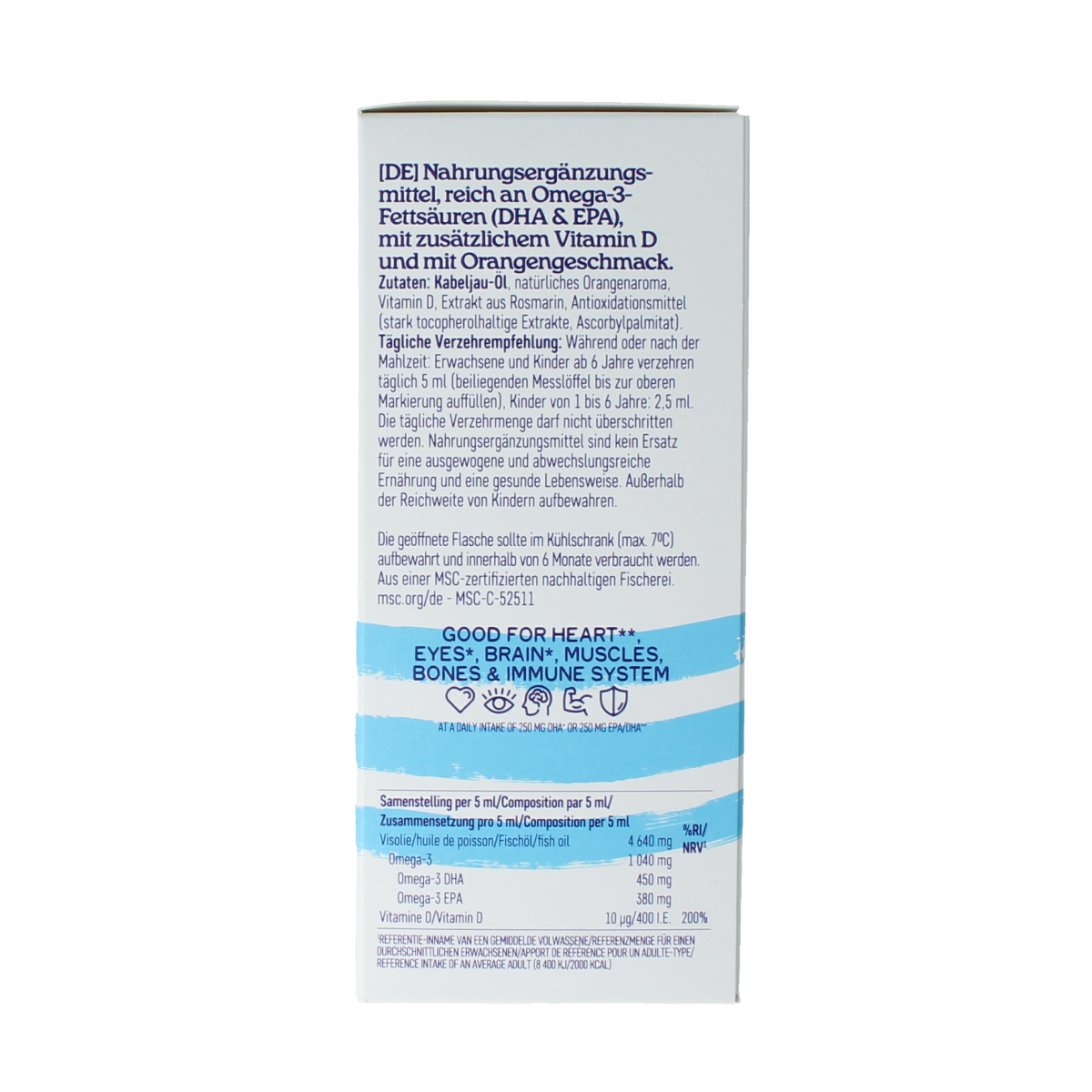 Arctic Blue Omega 3 pure visolie with vitamin D in a 250ml bottle, showing the clear, amber-colored fish oil liquid.