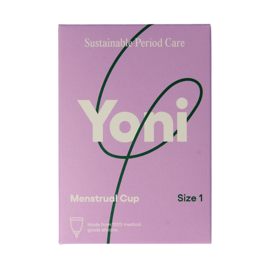 Yoni Menstruatiecup maat 1, reusable menstrual cup in white, designed for women’s feminine hygiene and comfort.
