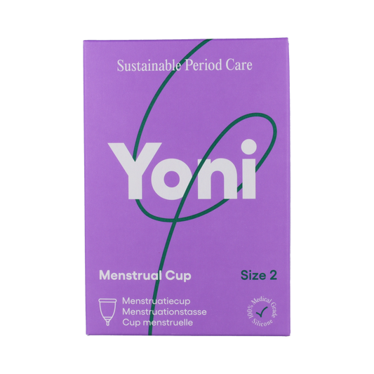 Yoni Menstruatiecup maat 2, reusable menstrual cup for women, close-up of the silicone cup on a white background.