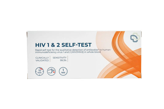 The Tester HIV self-test kit for rapid detection of HIV 1/2, showing the test device and packaging.
