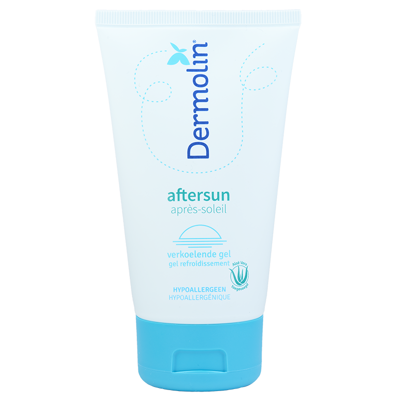 Bottle of Dermolin Aftersun lotion for sunburn relief, 150ml, with a white and green label, shown standing upright.