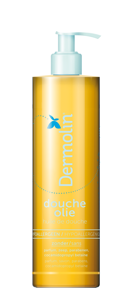 Dermolin Doucheolie 400ml bottle featuring a clear liquid in a white and green plastic container for intimate hygiene.