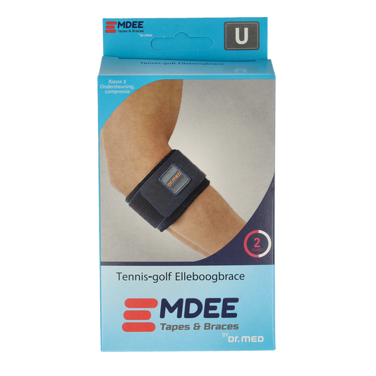 Blue Emdee tennis and golf arm support bandage, athletic support for arm injuries, shown on a white background.