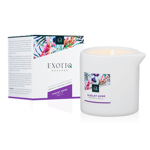Exotiq violet rose massage candle in a 200g container, designed for body care and relaxation with a floral scent.
