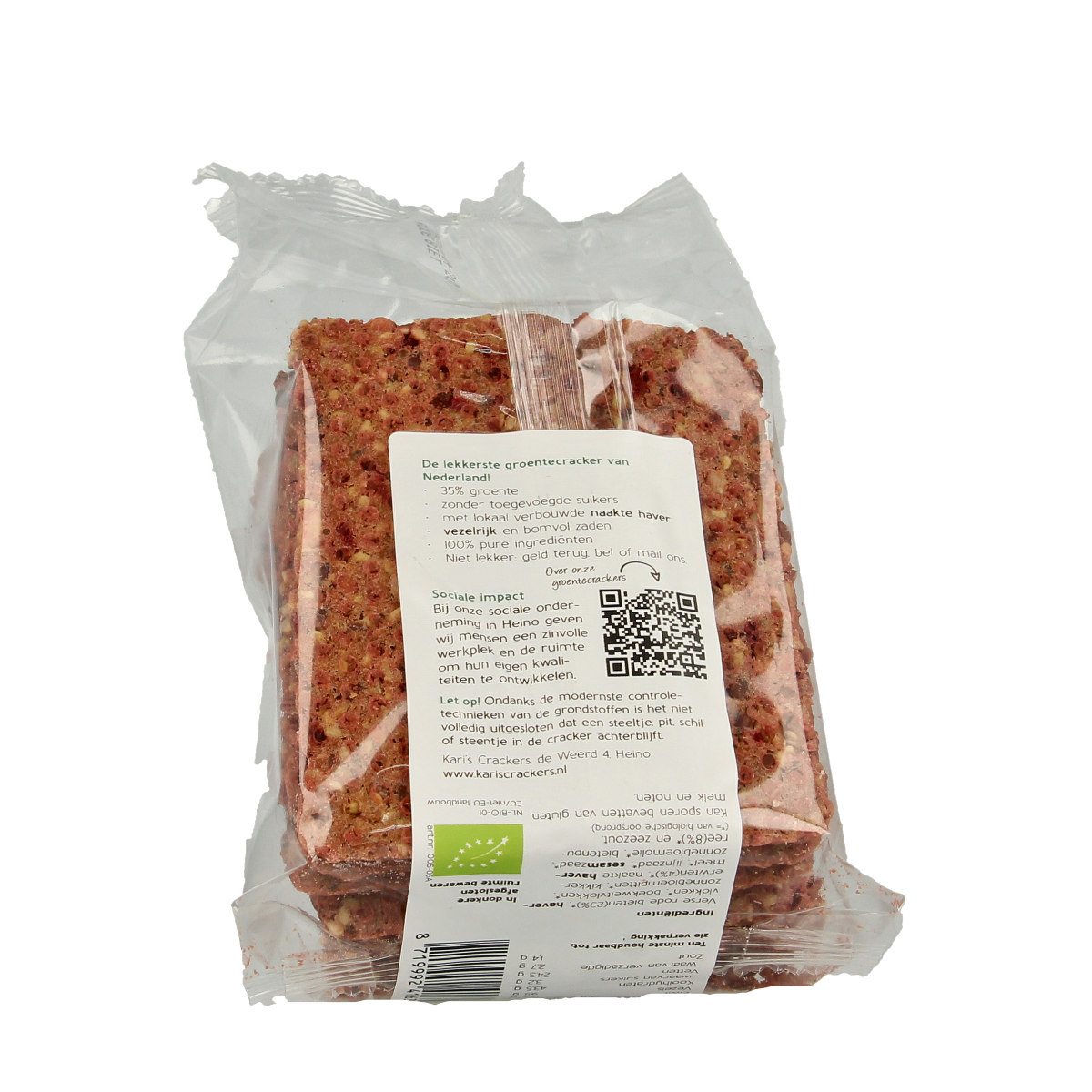 Kari's Crackers organic beetroot vegetable crackers in a 175g bag, showing vibrant red beet slices and cracker texture.