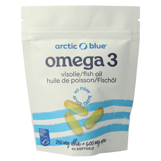 Arctic Blue Pure Alaska MSC fish oil softgels in a bottle, featuring blue and white packaging with softgel capsules visible.