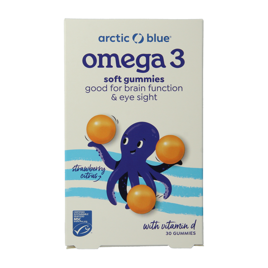 Arctic Blue Omega 3 gummy vitamins with DHA, EPA, and vitamin D, 30 gummies, showing the colorful, fruit-flavored soft chews.