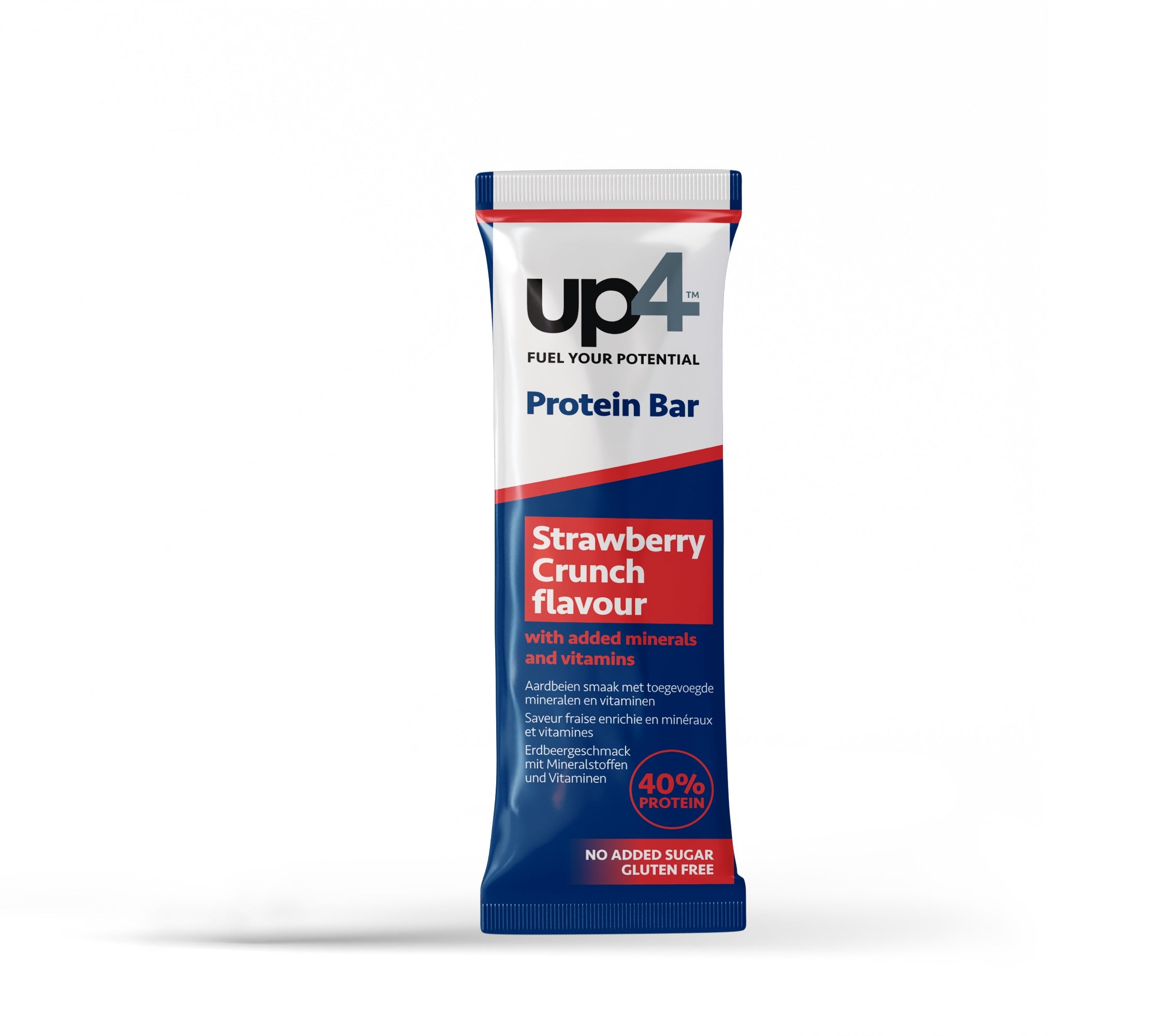 UP4 Op=Op Proteine pro crunch with added vitamins in strawberry flavor, 45 grams, sport nutrition supplement.