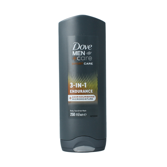 Dove Men+Care Sport Endurance 3-in-1 shower gel, 250ml, for body, face, and hair with sporty scent and moisturizing formula.