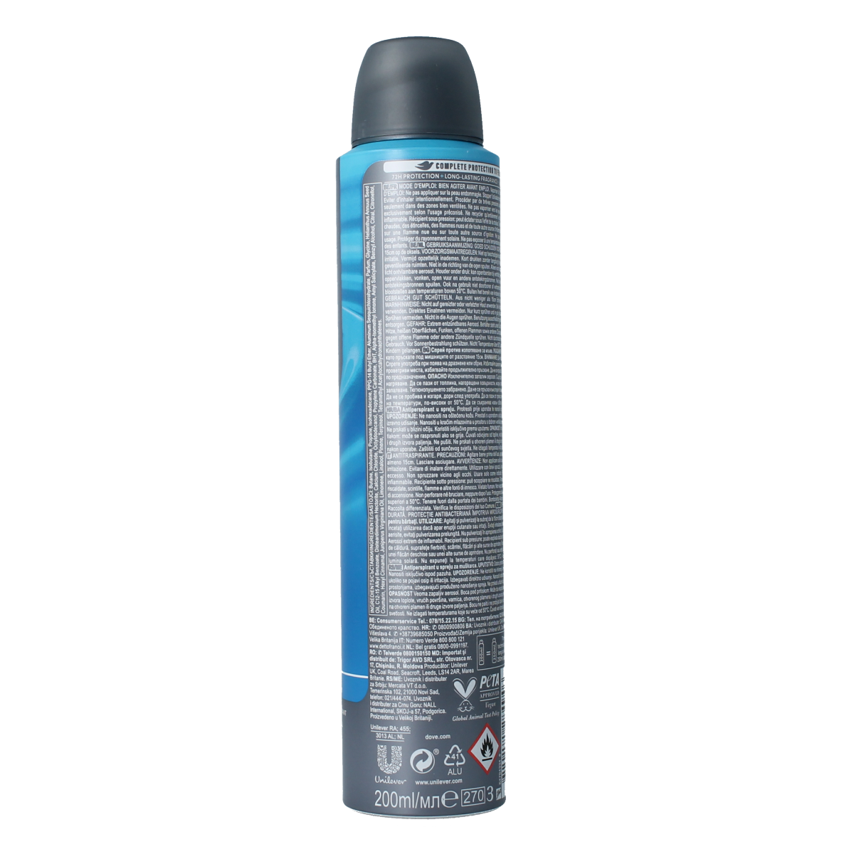 Dove Men+Care Clean Comfort deodorant spray bottle, 200ml, with a sleek design and white cap, suitable for everyday use