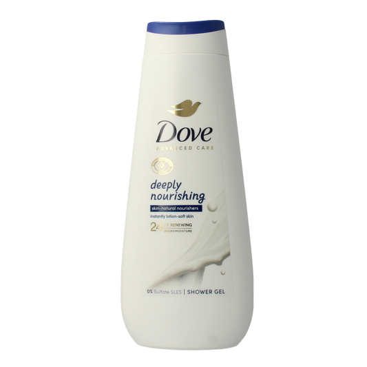 Dove Shower Advanced Deep Nourishing body wash in 400ml bottle, with a white and blue label, shown in a bathroom setting