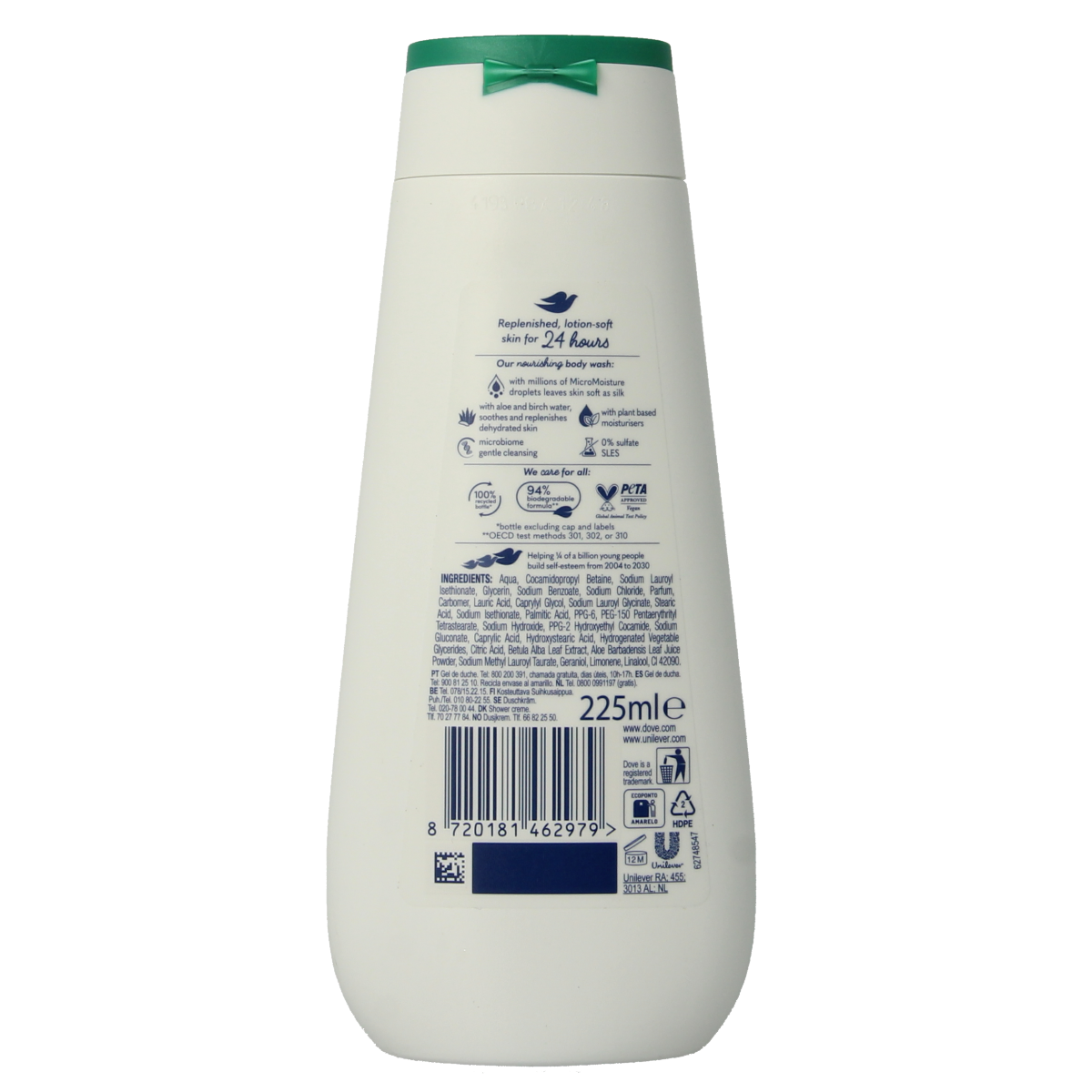 Dove Advanced Hydrating Shower Gel in 225ml bottle, with smooth, moisturizing formula for a refreshing shower experience