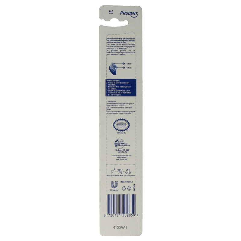Prodent kids' toothbrush for ages 0-6, single soft-bristle toothbrush designed for children's dental care.