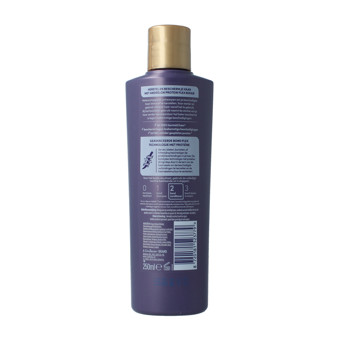 Andrelon Pro Care Protein Plex Repair Conditioner, 250ml, nourishing hair care for damaged hair, with a sleek bottle and label.
