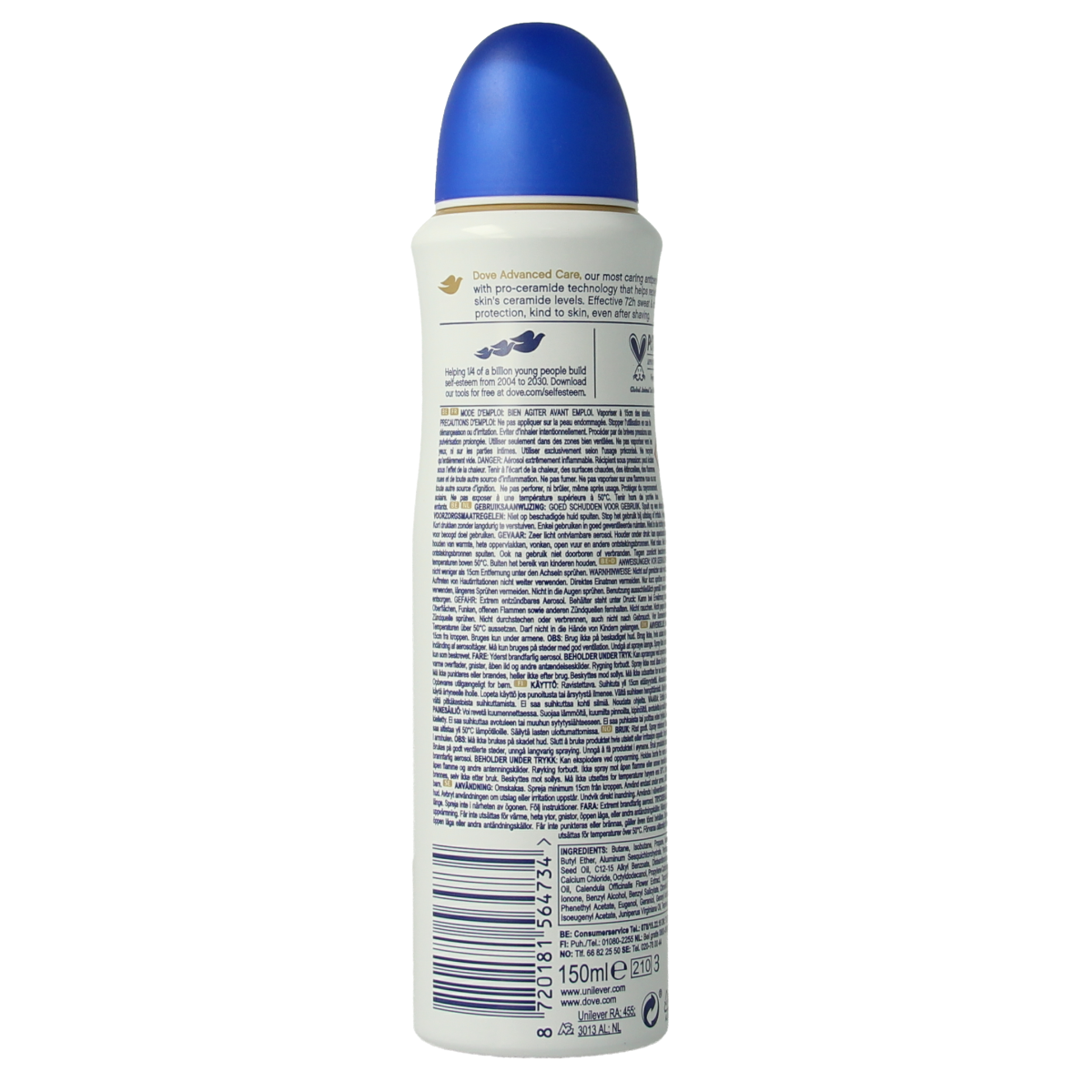 Dove Original Deodorant Spray 150ml bottle with white cap, designed for underarm freshness and odor protection.