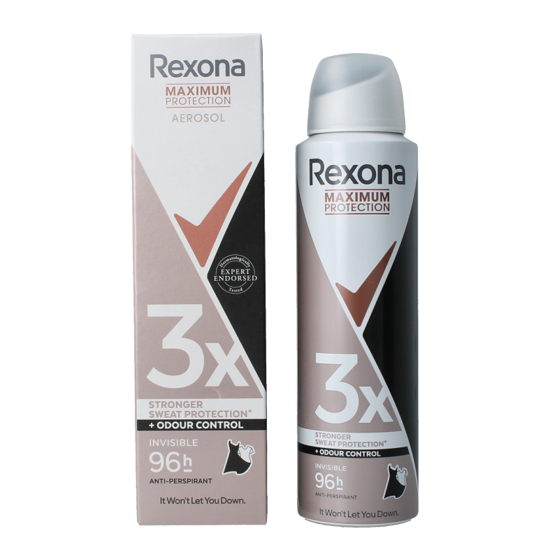 Rexona Max Pro Invisible deodorant spray in 150ml bottle, shown with spray nozzle and clear label on white background.