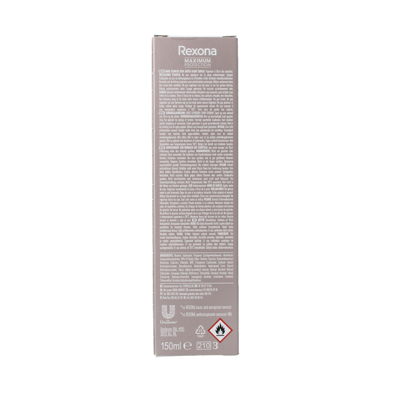 Rexona Max Pro Invisible deodorant spray in a 150ml bottle, featuring a sleek design with a transparent cap and silver accents.