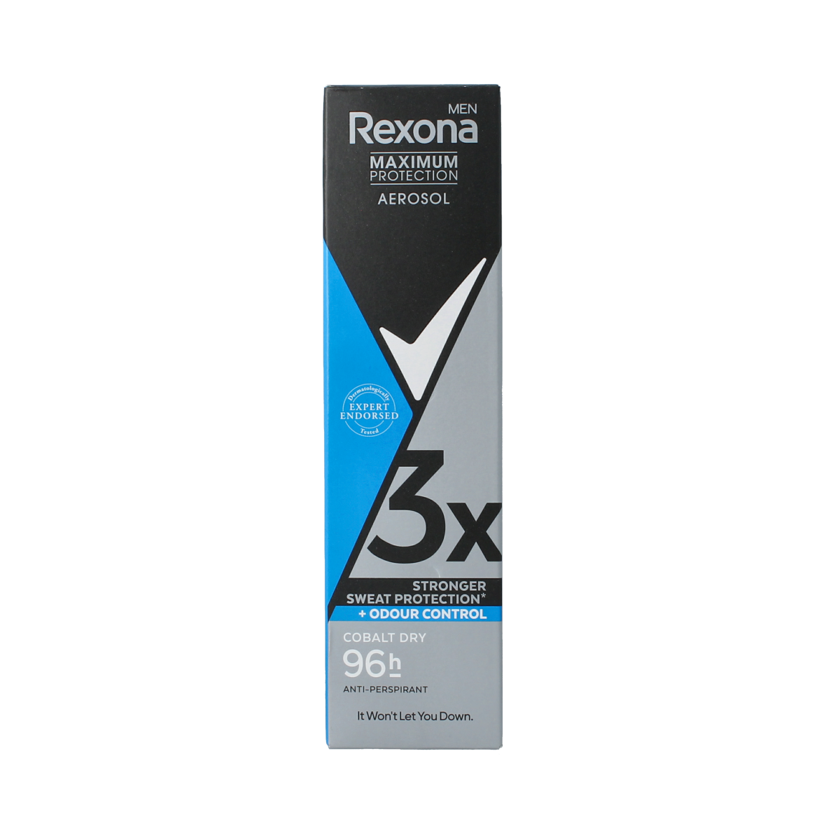 Rexona Max Protection Cobalt Dry deodorant spray bottle, 150ml, with blue and white packaging and spray nozzle visible.