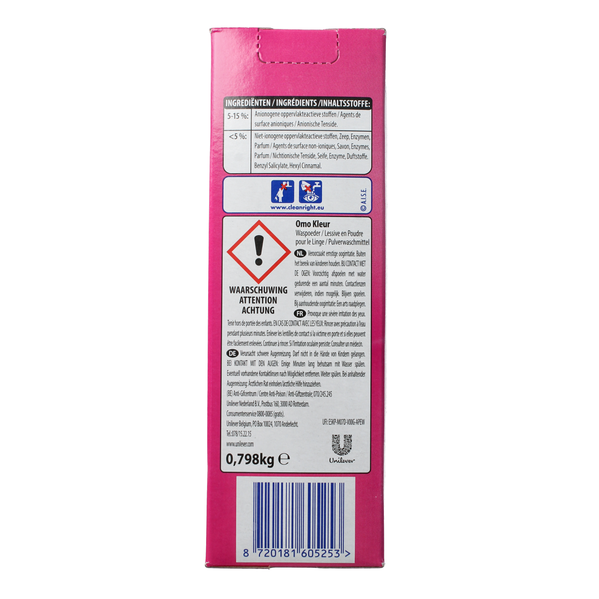 OMO color powder laundry detergent in a 798g package, with a bright, colorful label and product details on the front.
