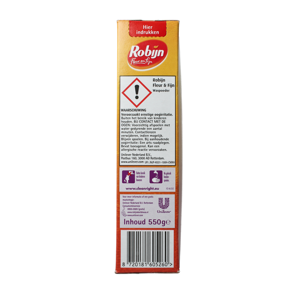 Robijn Fleur & Fijn laundry detergent bottle, 550 grams, with floral scent label and detergent cap visible.