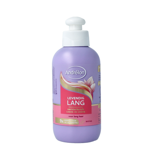 Andrelon Leave-in Creme Levendig Lang 200ml, hair care product in a white tube with blue accents and a flip-top cap.