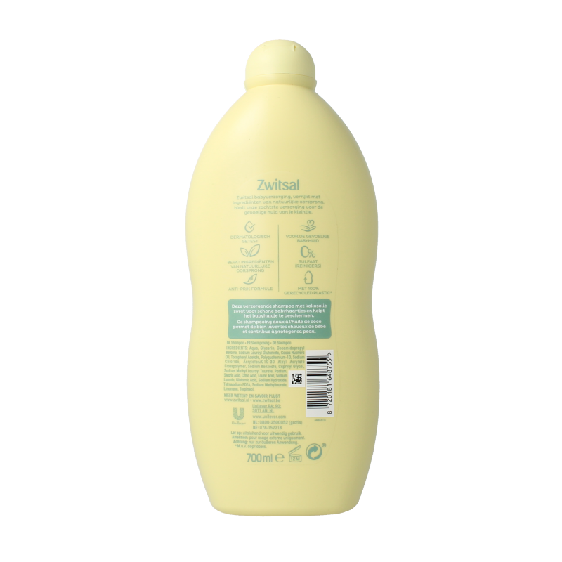 Baby Zwitsal shampoo bottle, 700ml, gentle baby and toddler hair care product in a clear plastic bottle with a blue cap.