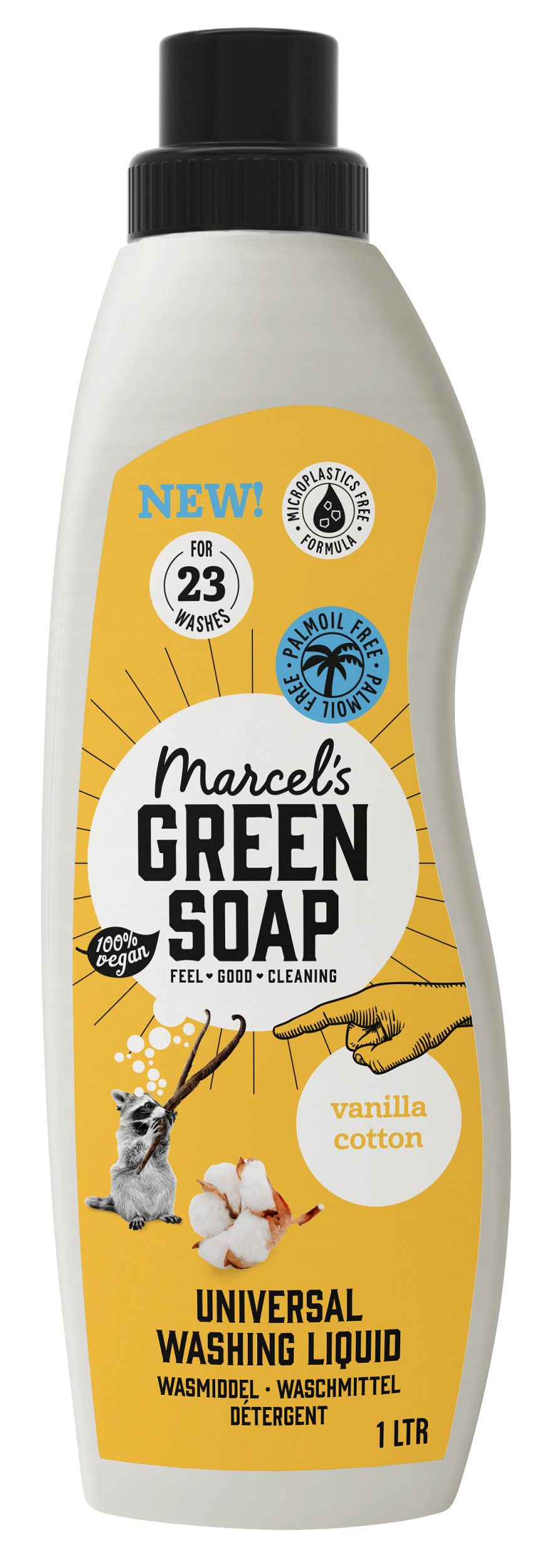 Marcel's Green Soap universeel wasmiddel in 1 liter bottle with vanilla and cotton scent, suitable for all laundry types.