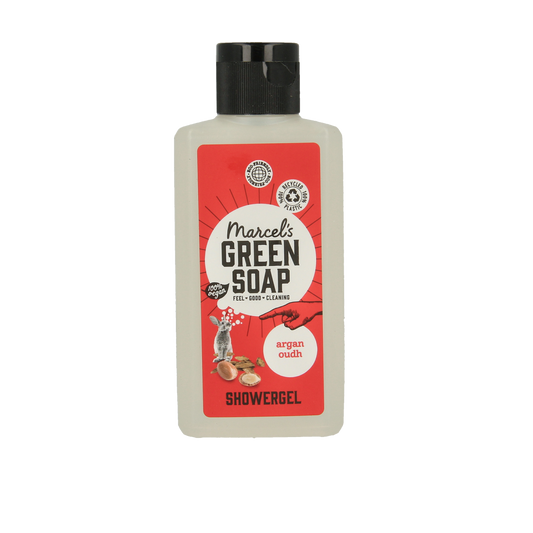 Mini Marcel's Green Soap shower gel with argan and oudh, 100ml, showcasing the elegant packaging and product details.