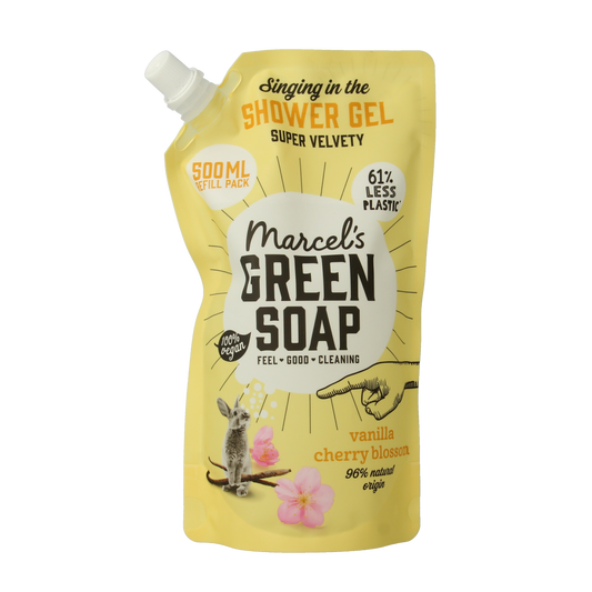 Marcel's Green Soap vanilla and cherry blossom shower gel refill 500ml, natural bath and shower product in a clear container.