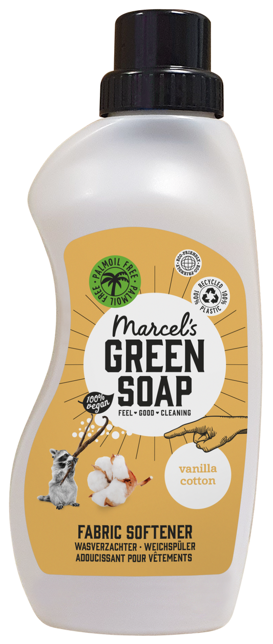 Marcel's Green Soap vanilla and cotton fabric softener in a 750ml bottle, gentle for clothing and linens.