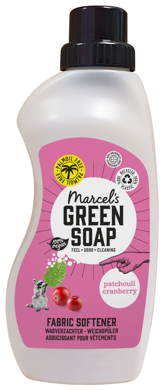 Marcel's Green Soap fabric softener patchouli and cranberry in 750ml bottle, showing the softener pour spout and label on the packaging.