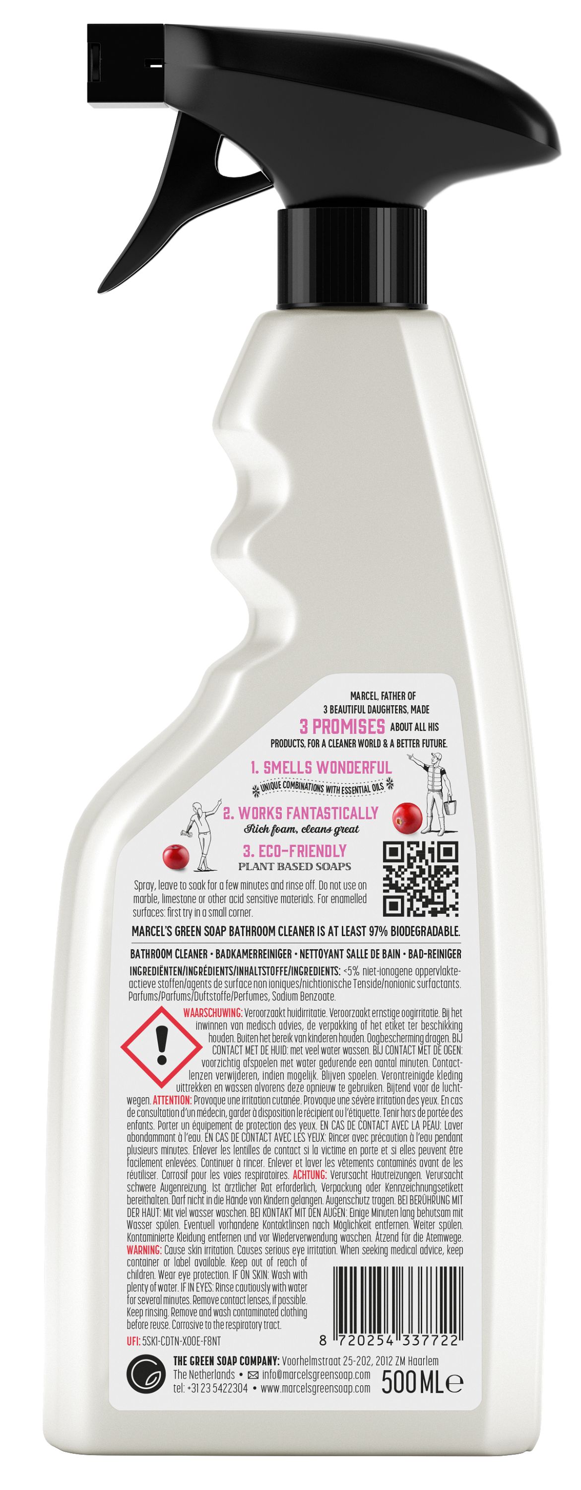Marcel's Green Soap badkamer spray with patchouli and cranberry scent, 500ml, in a clear spray bottle with labels.
