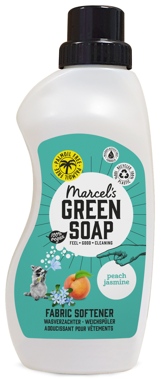 Marcel's Green Soap perzik en jasmijn wasverzachter in 750ml bottle, showing the product label and packaging.