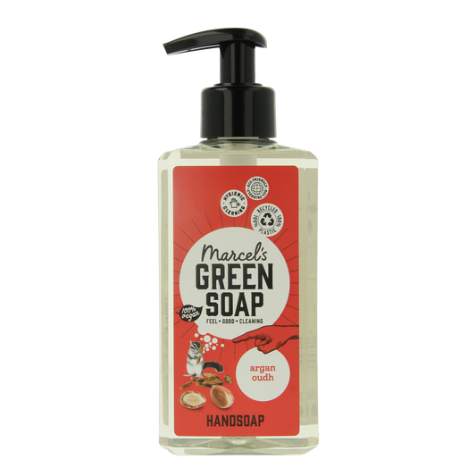 Marcel's Green Soap Argan & Oudh hand soap bottle, 250ml, featuring elegant packaging and natural ingredients for hand care.