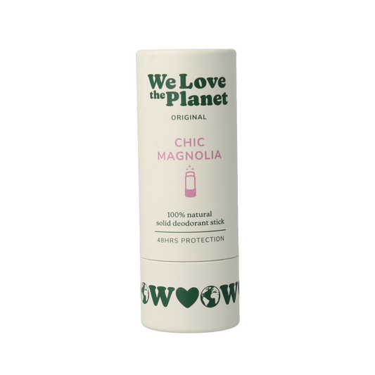 We Love The Planet Chic Magnolia Deodorant Stick in 40g with a sleek container and magnolia floral design.