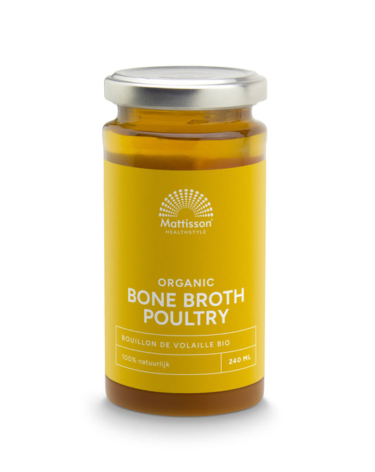 Mattisson organic bone broth in a 240ml container, showcasing a clear, savory broth in a glass jar for soups and bouillons.