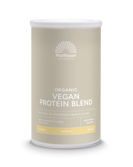 Mattisson Organic vegan protein blend vanilla flavor in a 400g package, raw superfoods supplement with natural ingredients.