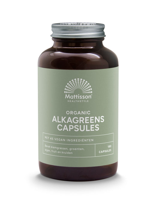Mattisson Alkagreens bio capsules, vegetarian dietary supplement in a clear bottle with green label, 180 capsules.
