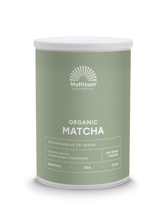 Organic Mattisson Matcha powder in a 350g package, raw superfood green tea powder with vibrant green color.