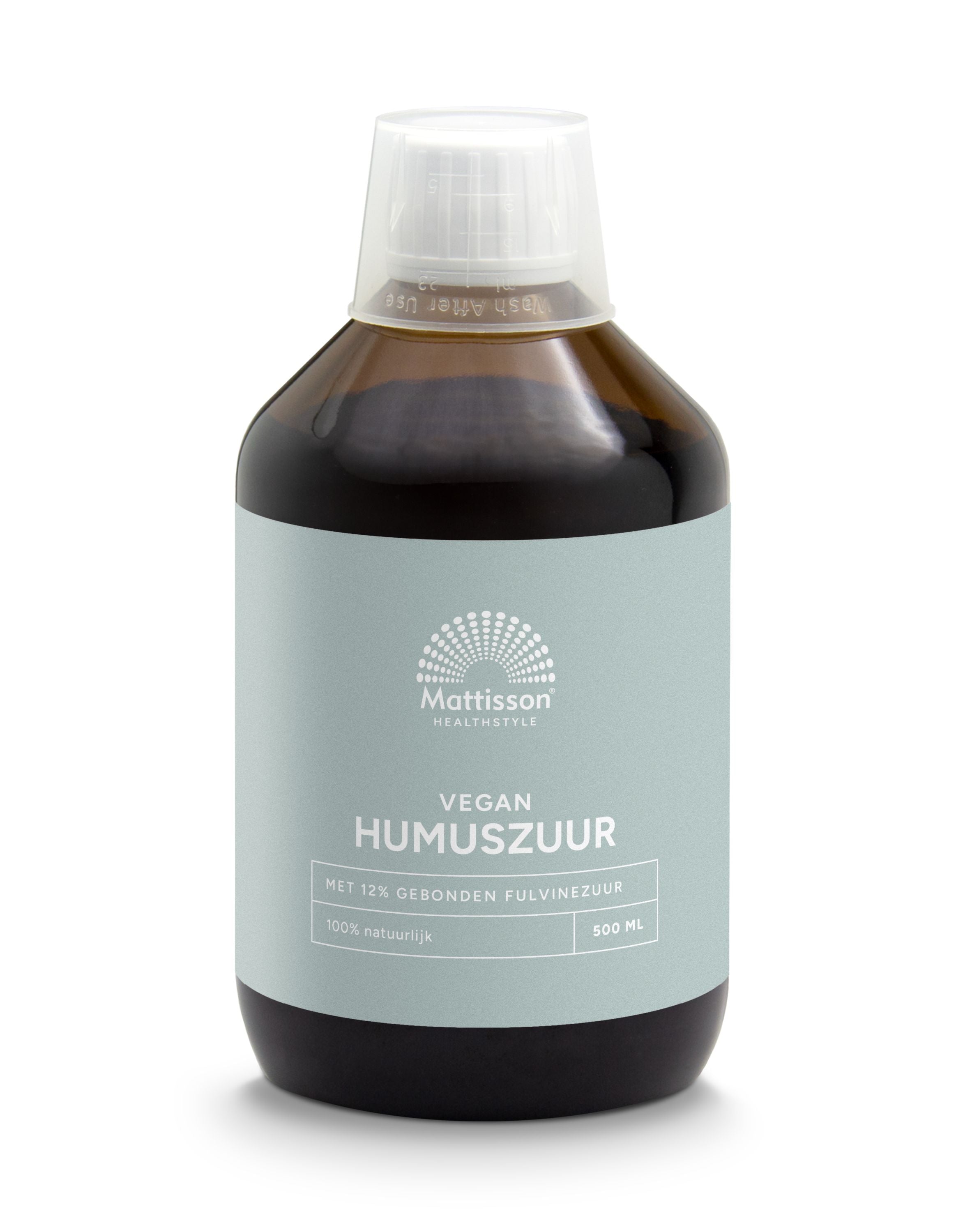 Mattisson vegan humuszuur herbal supplement bottle, 500ml, with herbal ingredients and label visible.