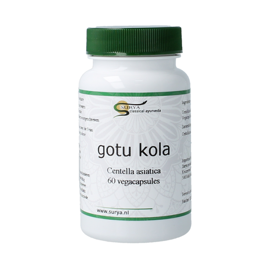 Surya Gutu Kola Centella Asiatic capsules in a bottle, herbal supplement from Surya, with 60 capsules for wellness.