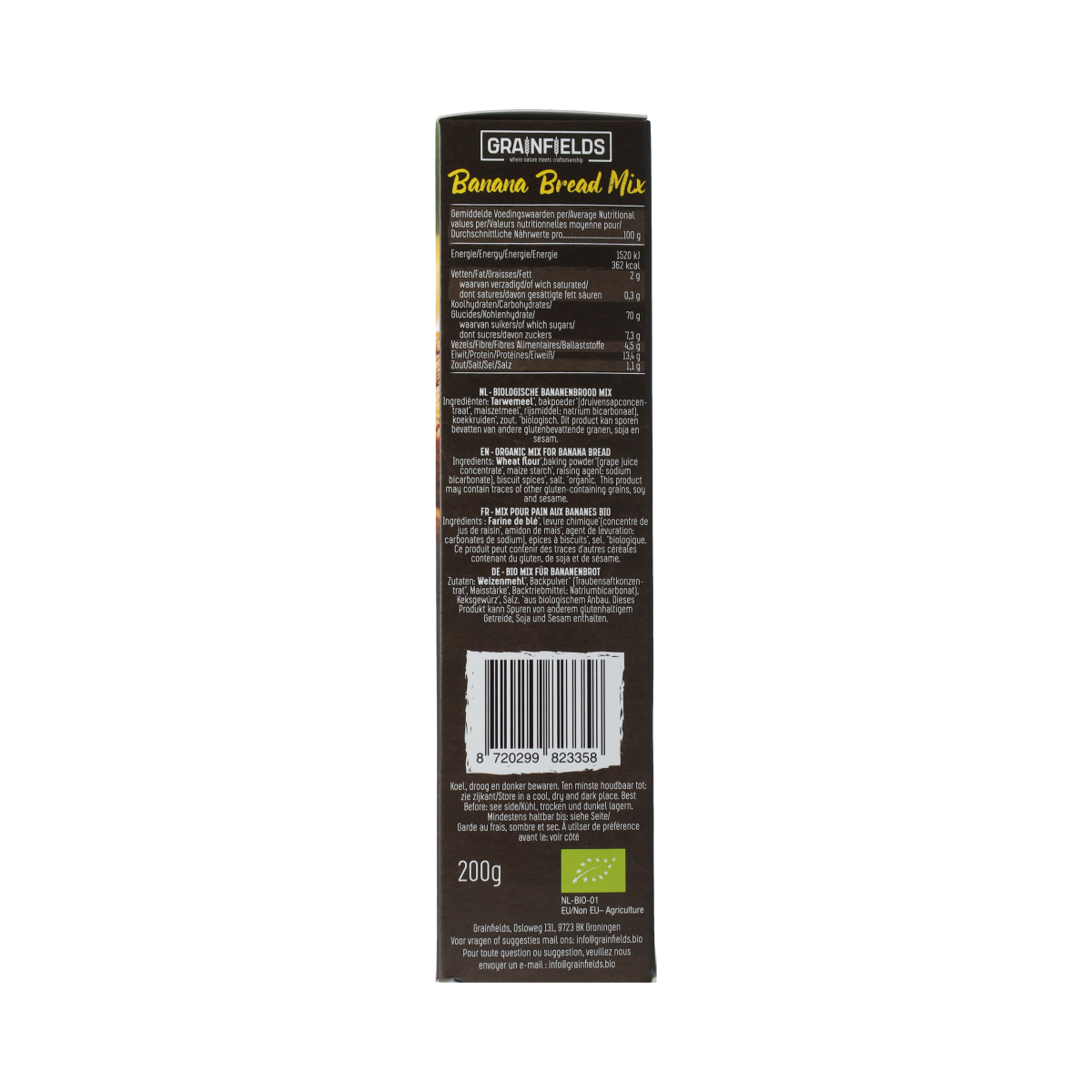 Grainfields organic banana bread mix in a 200g package, natural baking blend for homemade banana bread