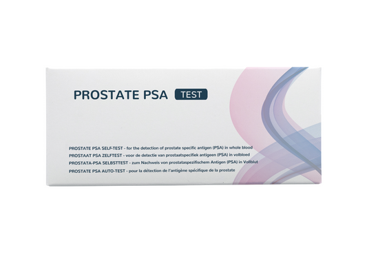 The Tester PSA test kit for prostate-specific antigen, showing the box and testing components for self-testing.