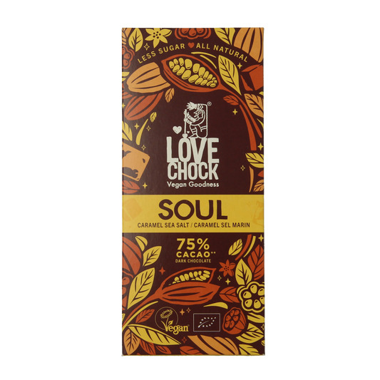 Lovechock Soul caramel sea salt organic chocolate bar with caramel and sea salt pieces in a 70g package.