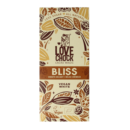 Lovechock Bliss smooth delight organic chocolate bar, 70g, with dark and creamy texture and natural ingredients.